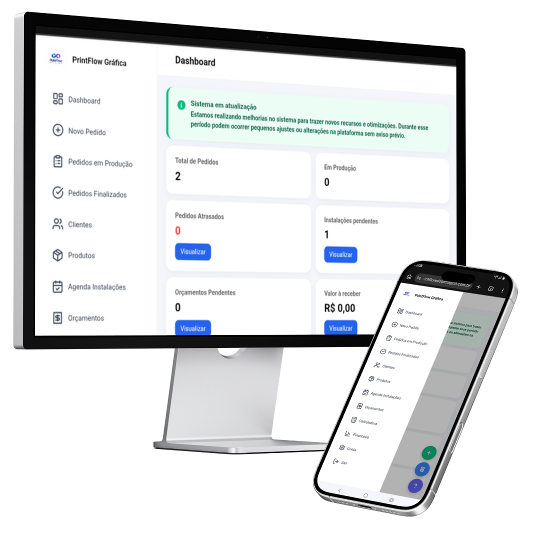 Sistema PrintFlow em computador e celular